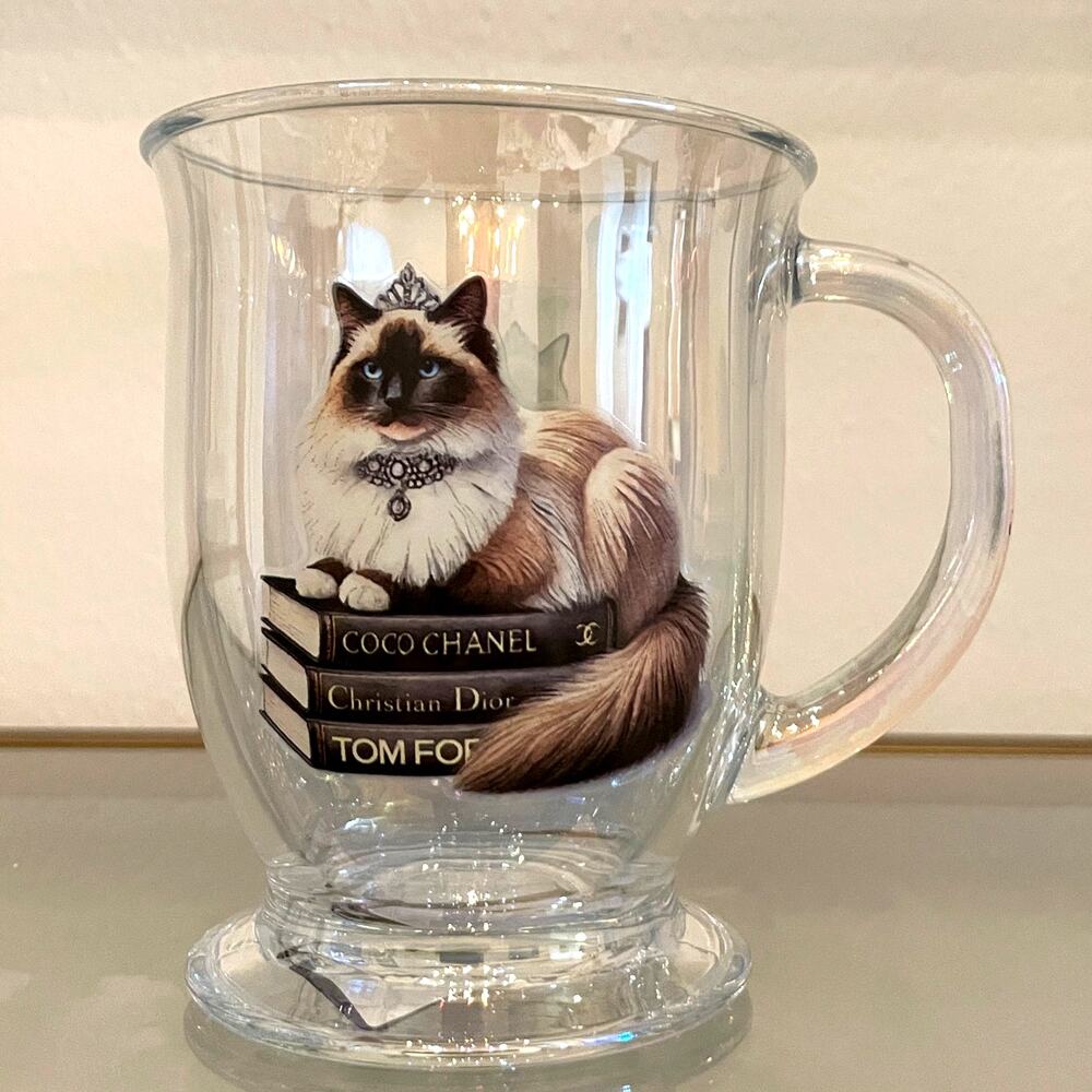 Amanda Greenwood Art Footed Glass Mug Princess Cat Designer Label Bookstack NEW